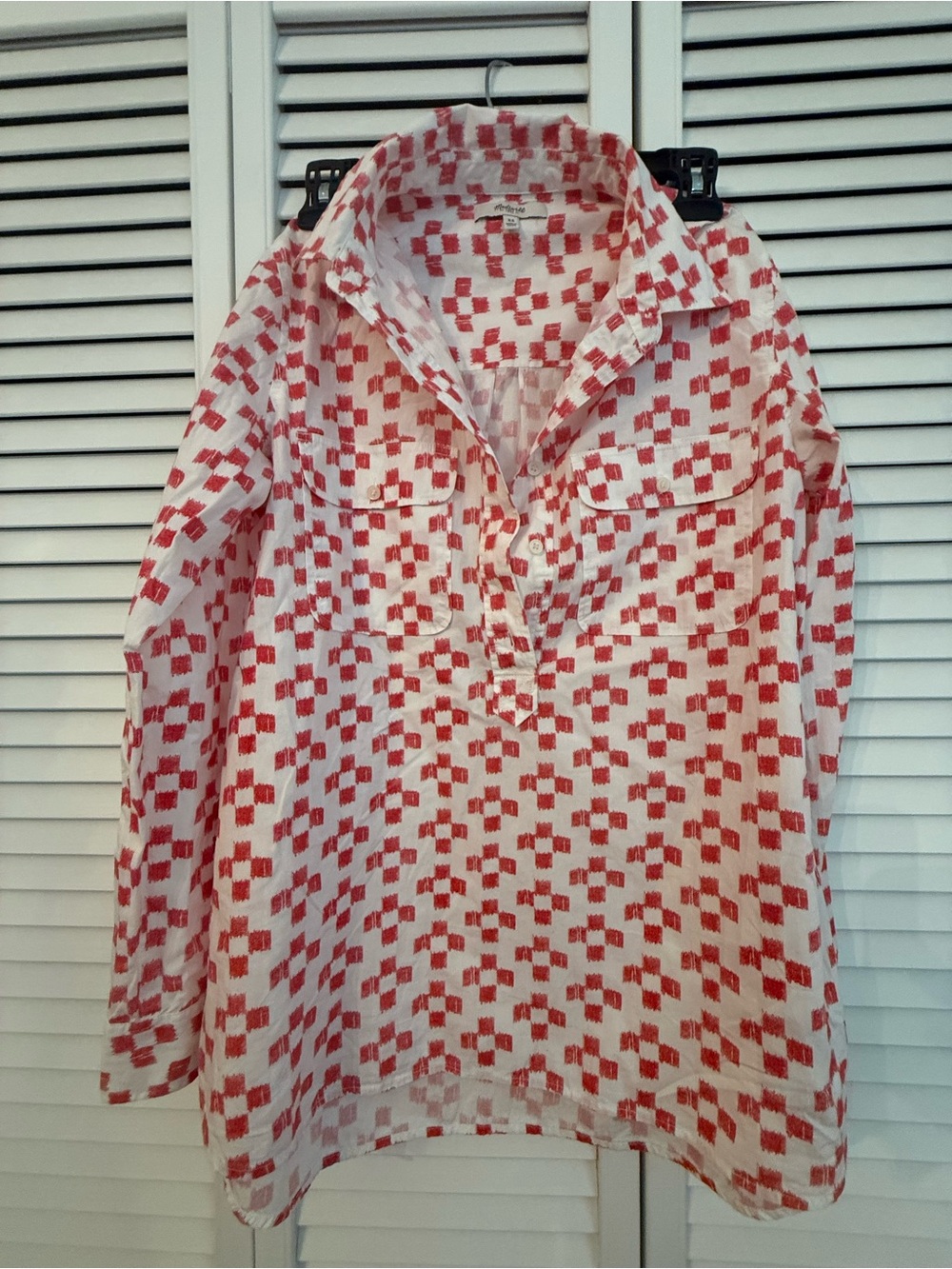 Madewell Women's Market Popover Crosshatch Ikat Shirt Red & White Size XS